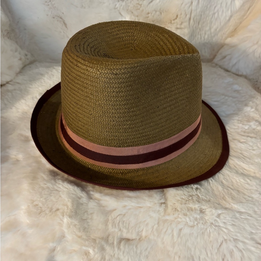 J. Crew Fedora Straw Hat with Brown Burgundy Ribbon Rim, Ribbon Trim, NWOT, M/L - Picture 3 of 6